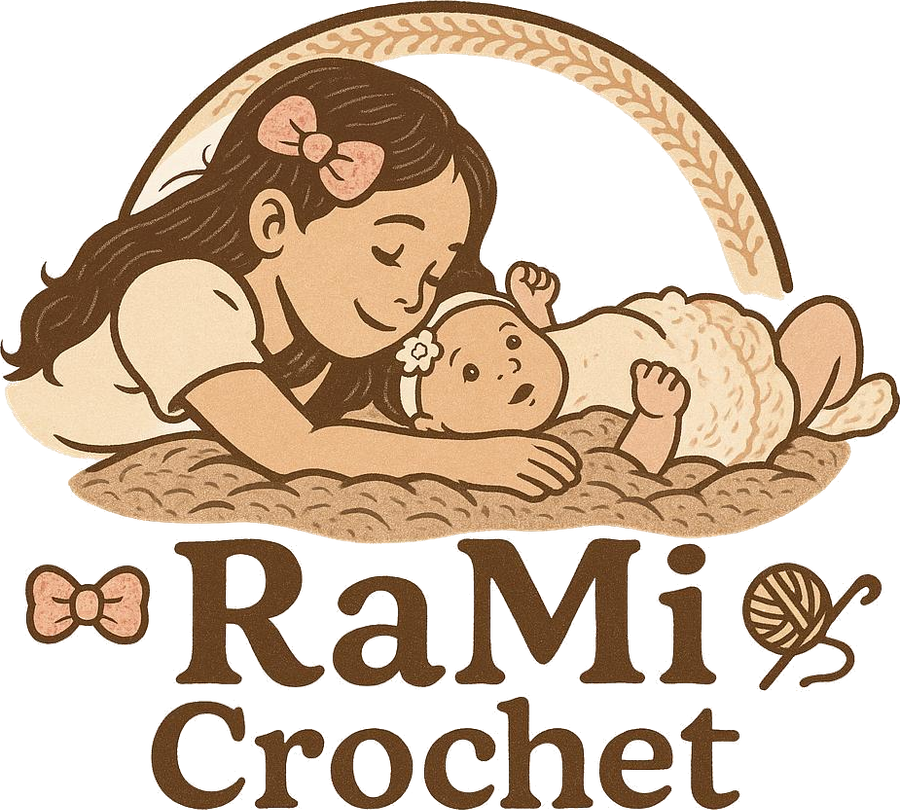 RaMi Crochet logo: a big sister cuddling her baby sibling on a crochet blanket