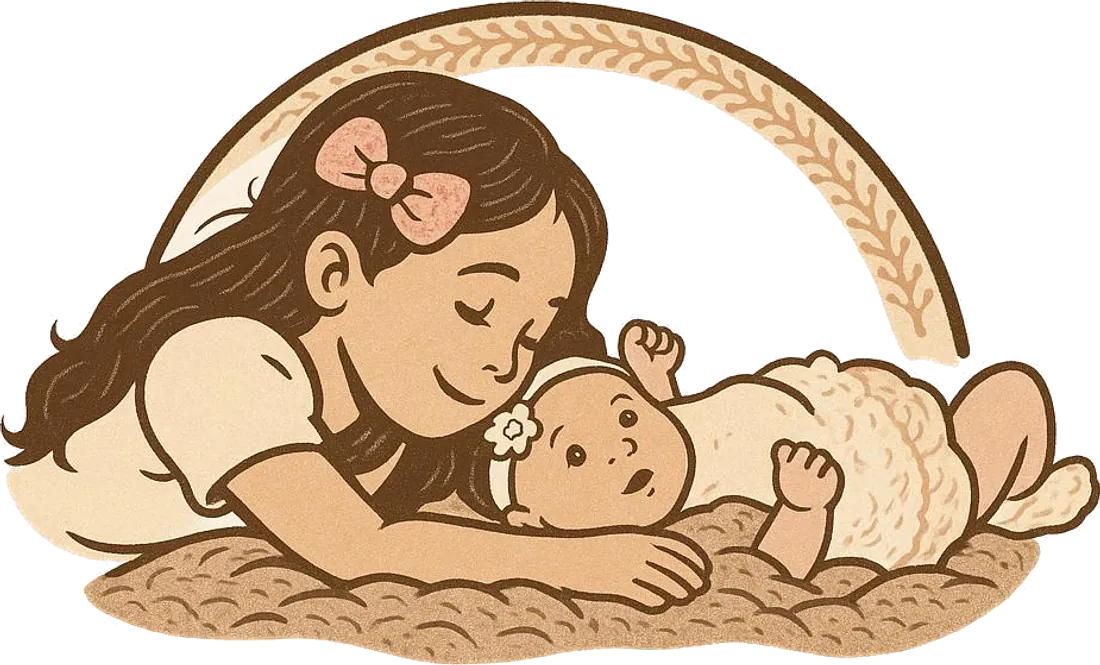 RaMi Crochet: a big sister cuddling her baby sibling on a crochet blanket